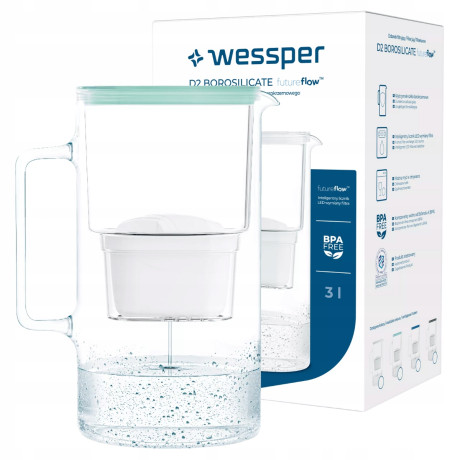 Dzbanek filtrujący wodę szklany Wessper Aquamax D2 z licznikiem 3 l Mięta