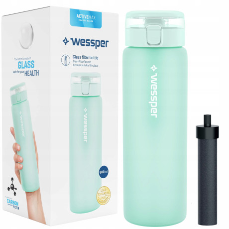 Butelka Filtrująca Szklana Wessper ActiveMax 0,68l miętowa mat + 1x Filtr wody